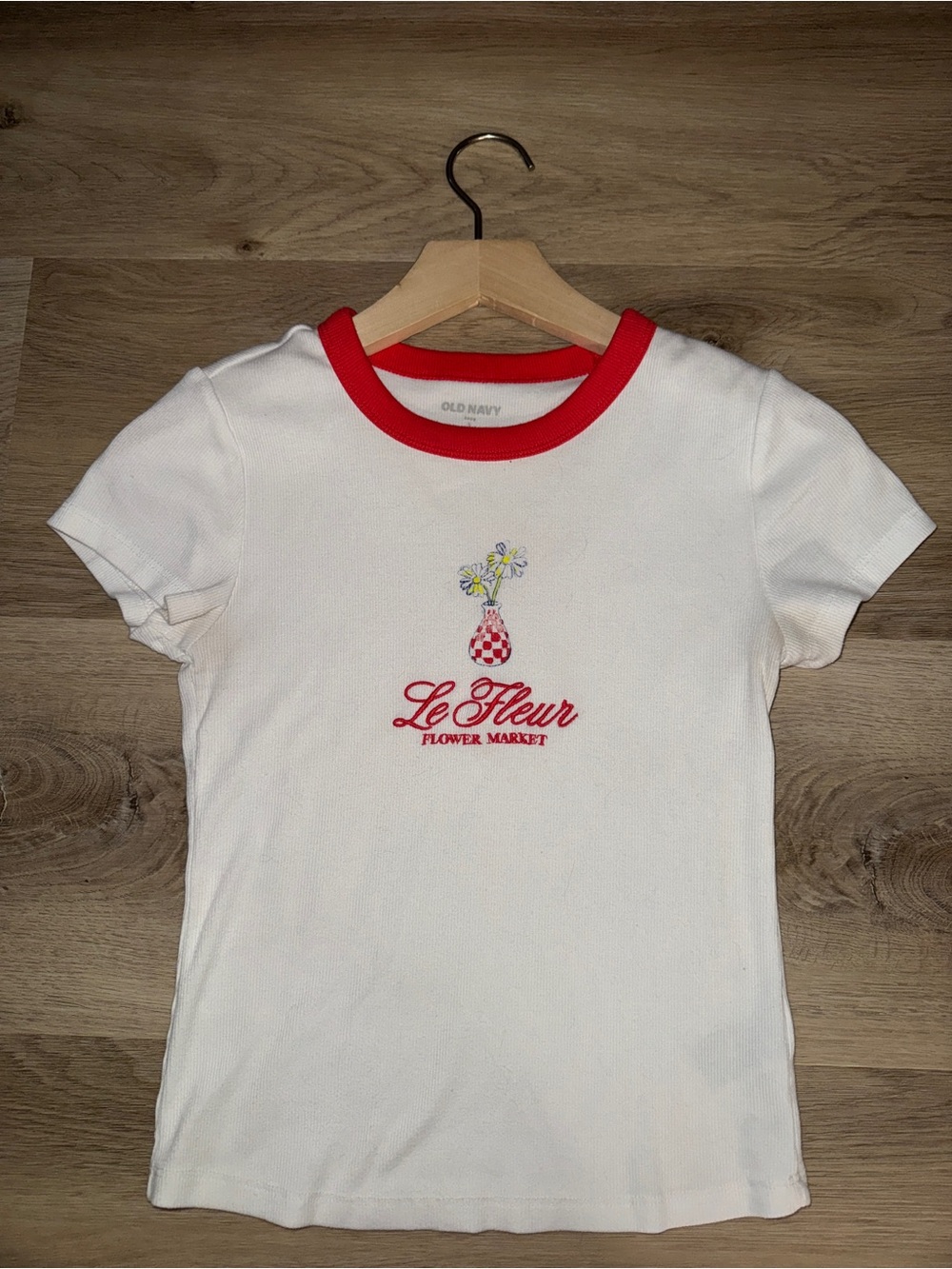 Old Navy White Ringer Tee with Red Trim and Floral Vase Graphic
